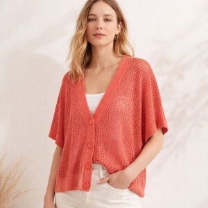 Boho Linen Coastal Open Knit Layering  Cardi Plus Size 2X Cottage Spring Coral